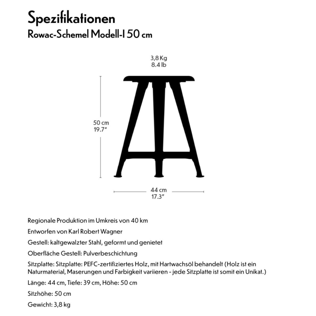 ROWAC Schemel – Modell I - 50 cm Esche matt