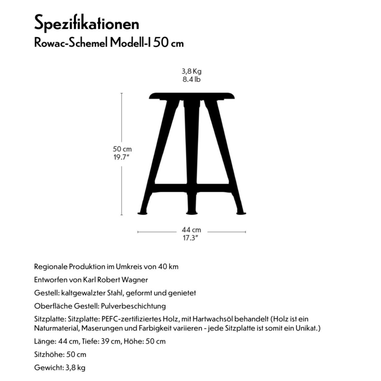 ROWAC Schemel – Modell I - 50 cm Esche schwarz gebeizt